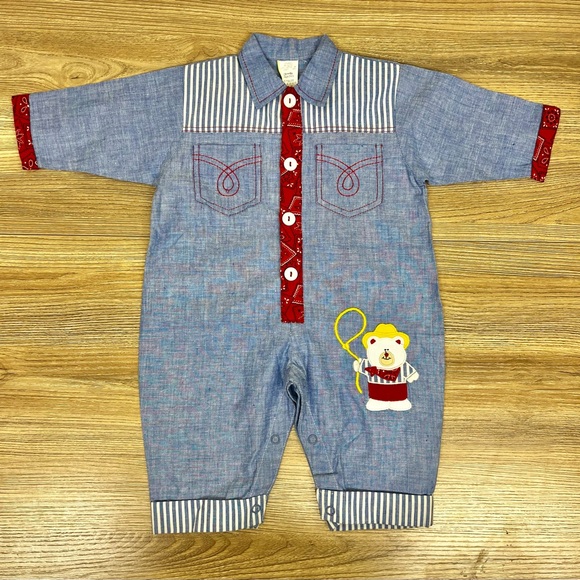 Vintage Kids 70s Western Cowboy Teddy Bear Denim Jumpsuit Size 3-6 Months - Picture 1 of 5